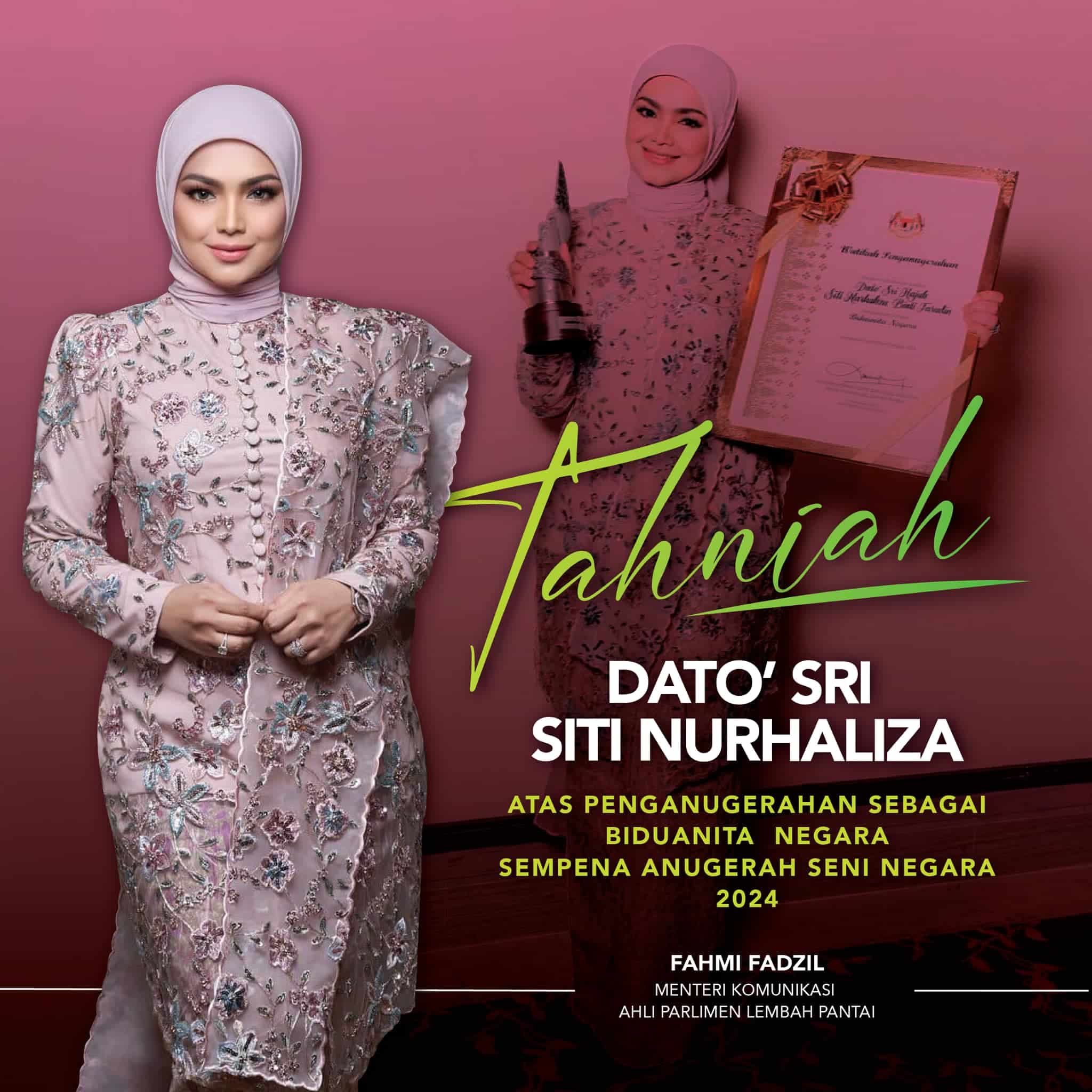 Fahmi ucap tahniah kepada Siti Nurhaliza atas penganugerahan Biduanita Negara