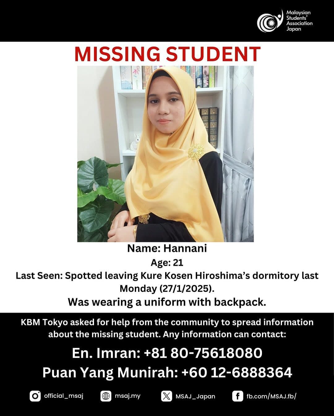 Nurin Hannani dilapor hilang ditemukan selamat