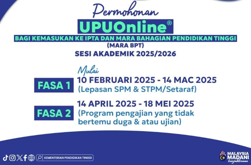 Permohonan UPUOnline masuk IPTA, Politeknik, Kolej Komuniti bermula 10 Feb