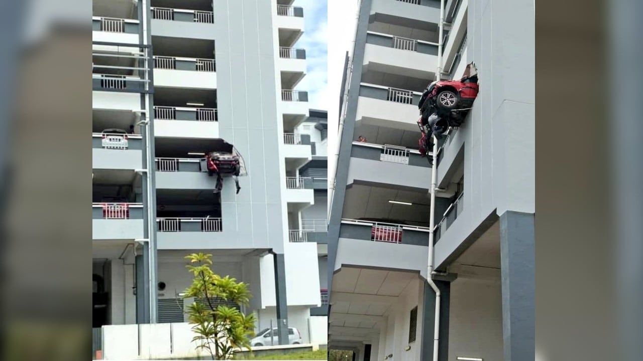 （视频）司机误踩油门撞破墙壁 险沙登医院3楼停车场坠下