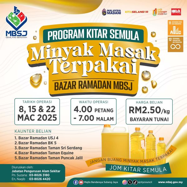 MBSJ 5地点3月每周六 每公斤RM2.50回收废食油