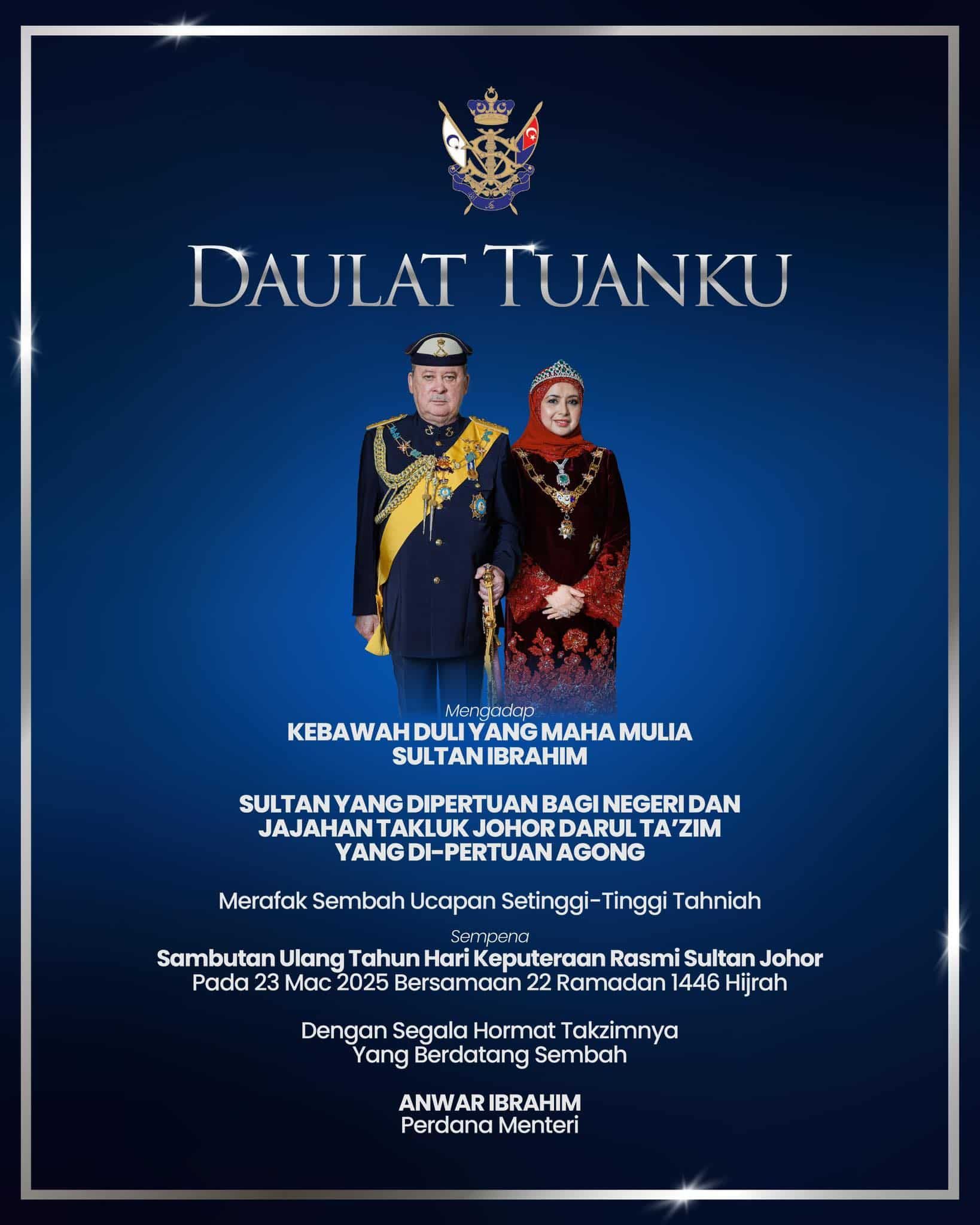 PM rafak sembah ucap tahniah sempena ulang tahun keputeraan rasmi Sultan Johor