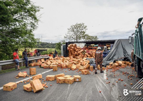 运载番茄罗里翻覆大道中央 PLUS本同路段被阻.车笼长达6公里