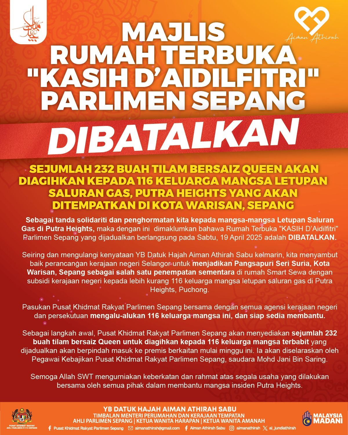 Kebakaran Putra Heights: Majlis Rumah Terbuka Parlimen Sepang dibatalkan