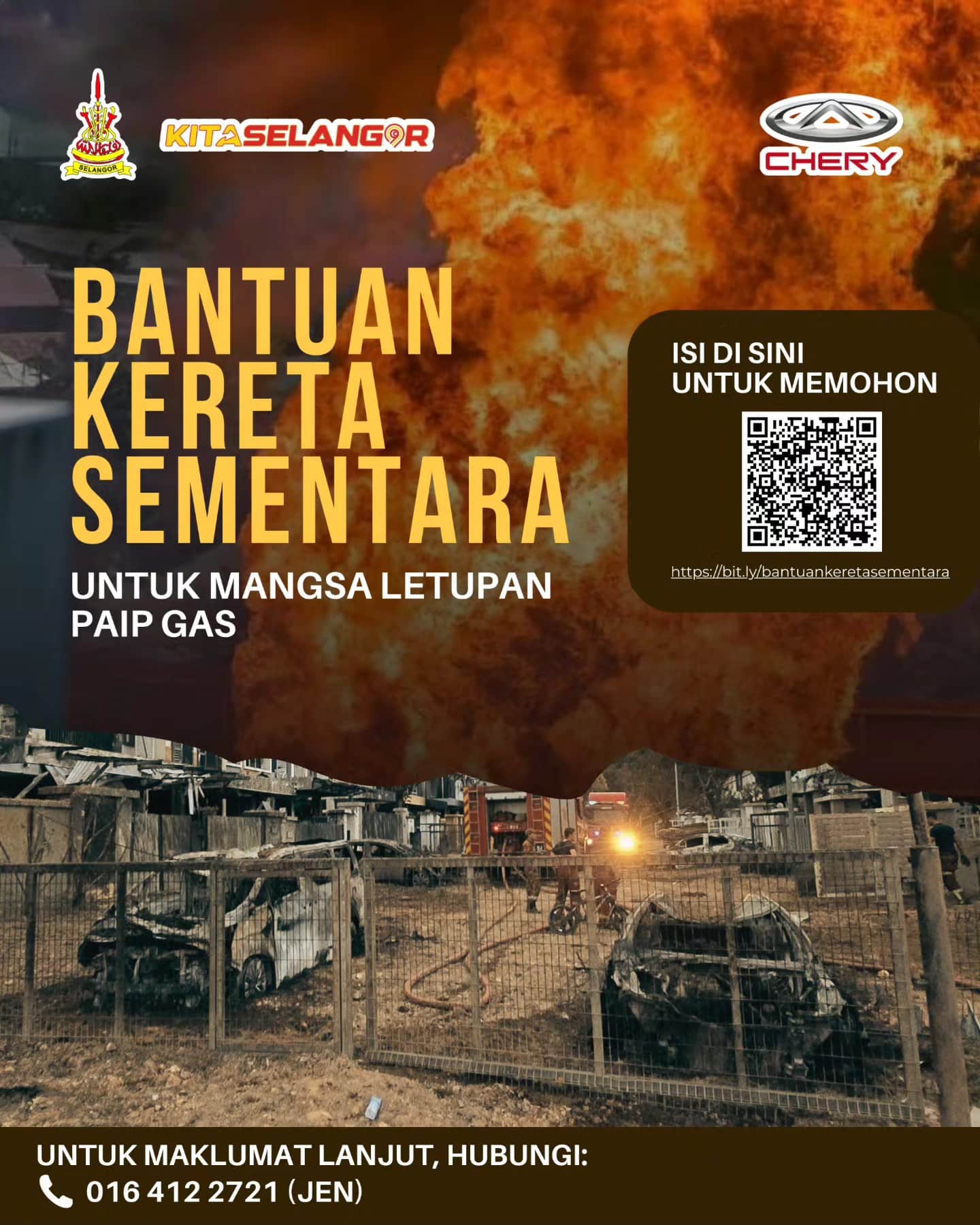 Kebakaran paip gas: Chery sumbang kereta untuk kegunaan sementara mangsa