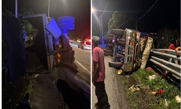 山路拐弯处失控翻覆  罗里男司机夹毙车内