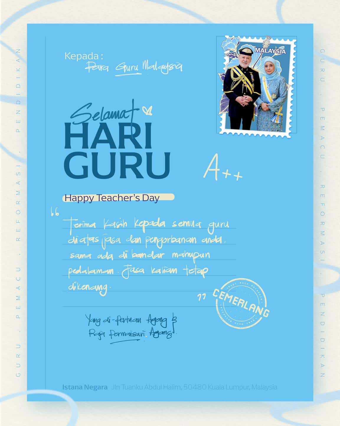 Agong, Raja Permaisuri ucap Selamat Hari Guru, bakti kalian dikenang selamanya