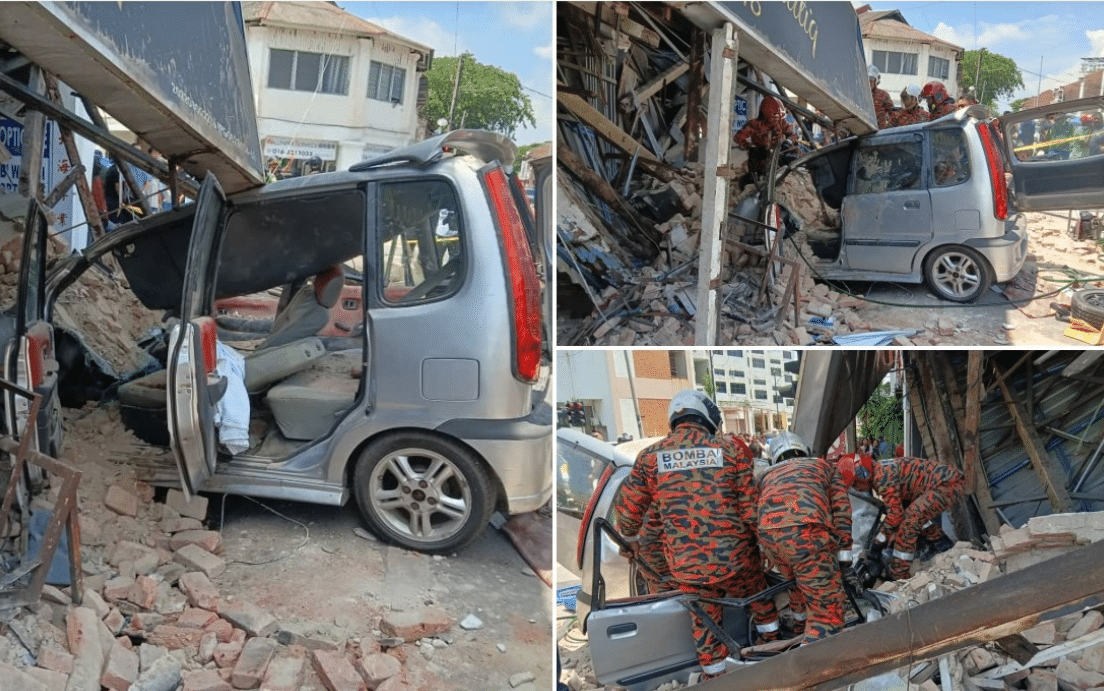 轿车猛撞装修建筑物   77岁男司机大难不死