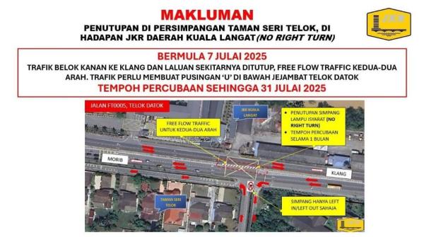 Simpang lampu isyarat depan JKR Kuala Langat tidak dibenar belok kanan