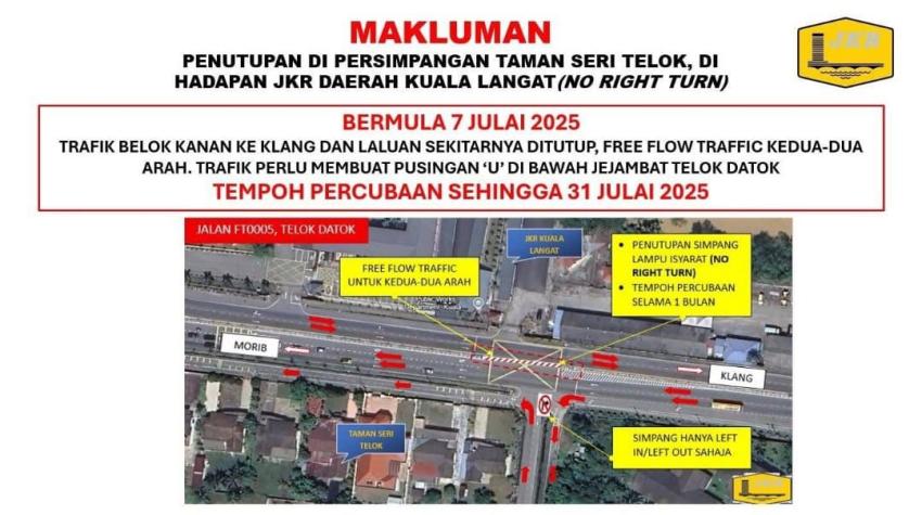 Simpang lampu isyarat depan JKR Kuala Langat tidak dibenar belok kanan