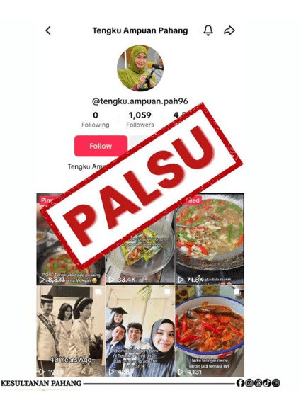 துங்கு அசிசா அமினா மைமுனா இஸ்கண்டாரியா என்ற பெயரில் பரவும் போலி டிக்டாக் கணக்கு