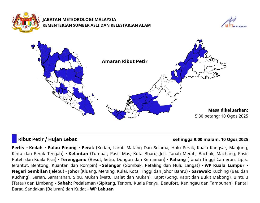 MetMalaysia: Amaran ribut petir, hujan lebat di kebanyakan negeri hingga 9 malam 