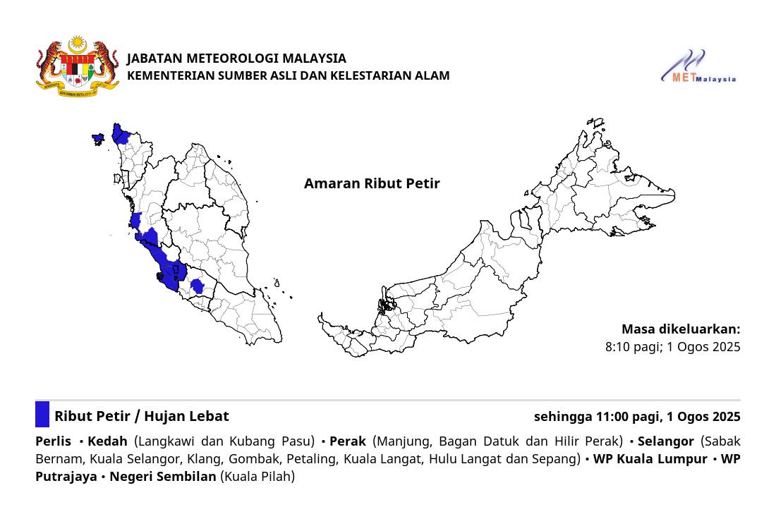 Amaran ribut petir di KL, Selangor hingga 11 pagi