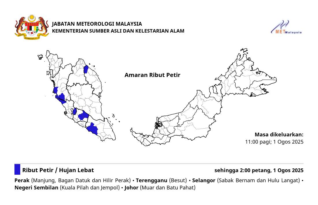 Sabak Bernam dan Hulu Langat diramal hujan lebat hingga 2 petang