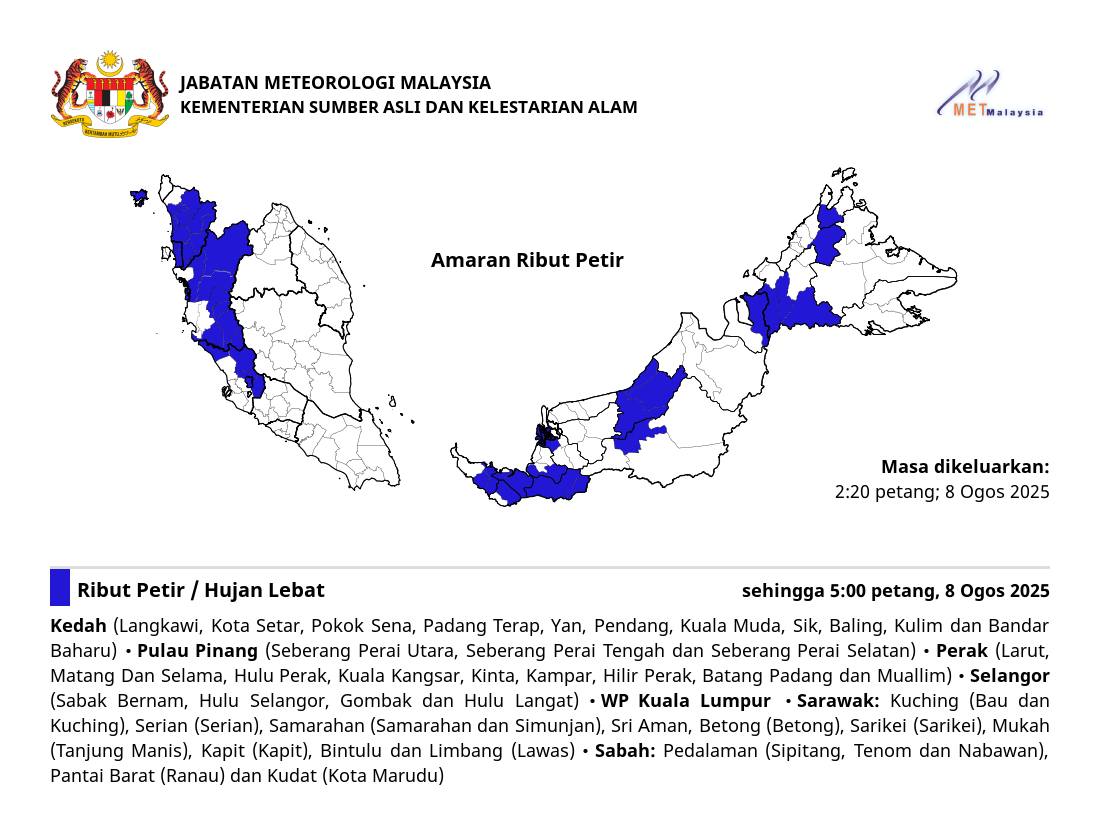 Ribut petir, hujan lebat landa Selangor, KL, Putrajaya hingga 7 malam 