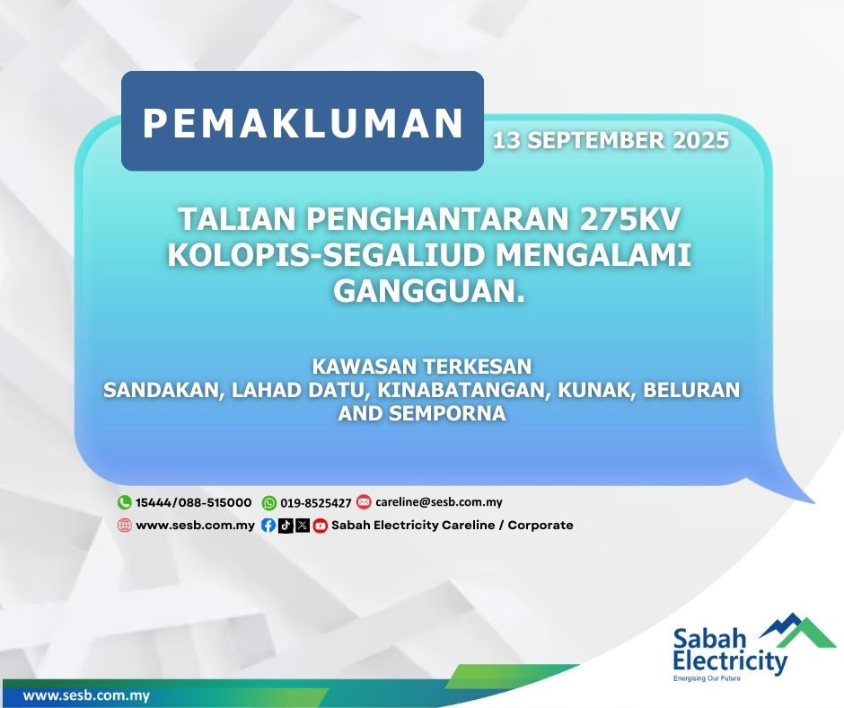 Pantai Timur Sabah terputus bekalan elektrik, enam daerah terjejas