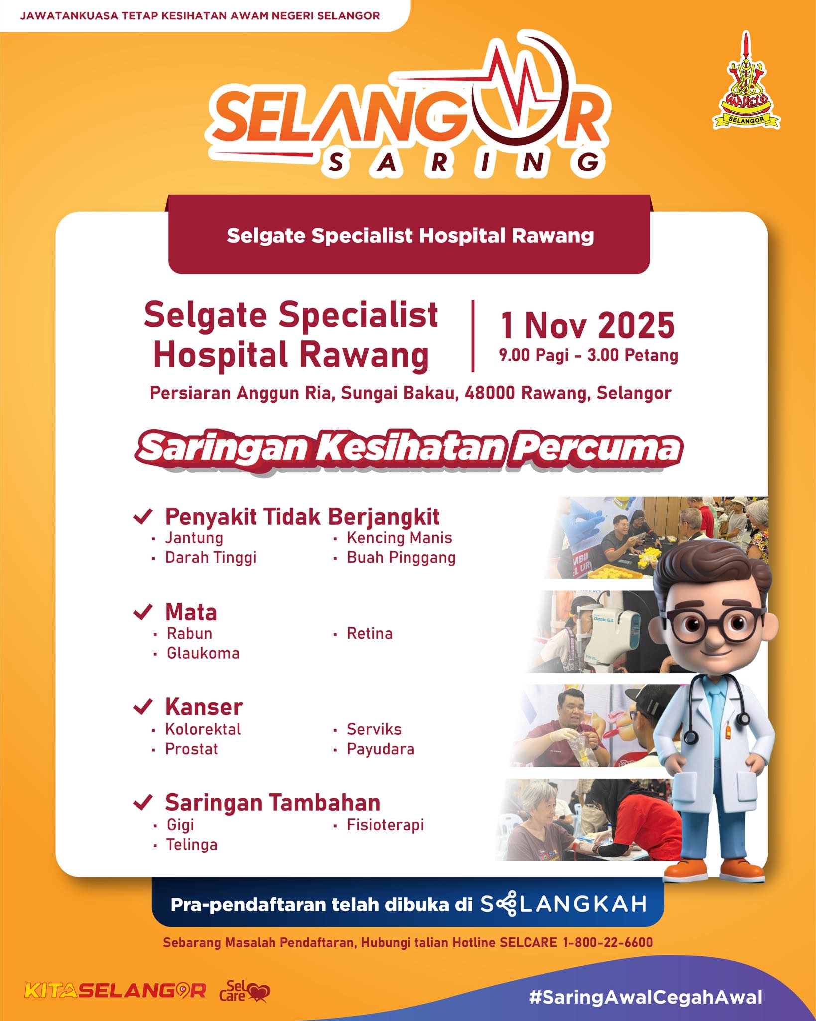 Jalani pemeriksaan kesihatan percuma di Selgate Rawang esok