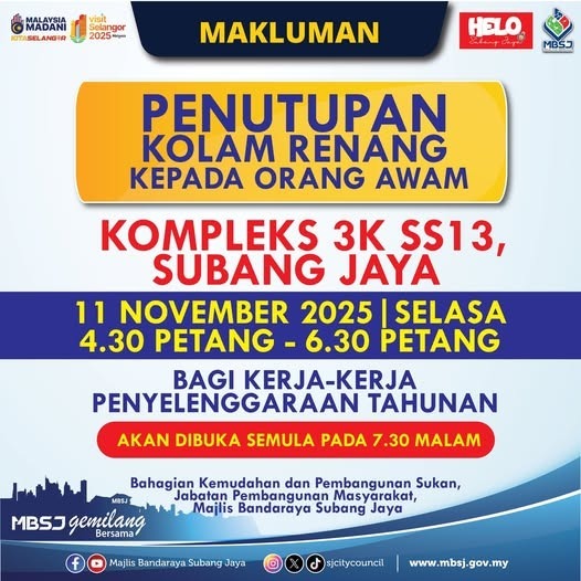 சுபாங் ஜெயா SS13 3K வளாக நீச்சல்குளம் தற்காலிகமாக மூடல்: MBSJ தகவல் 