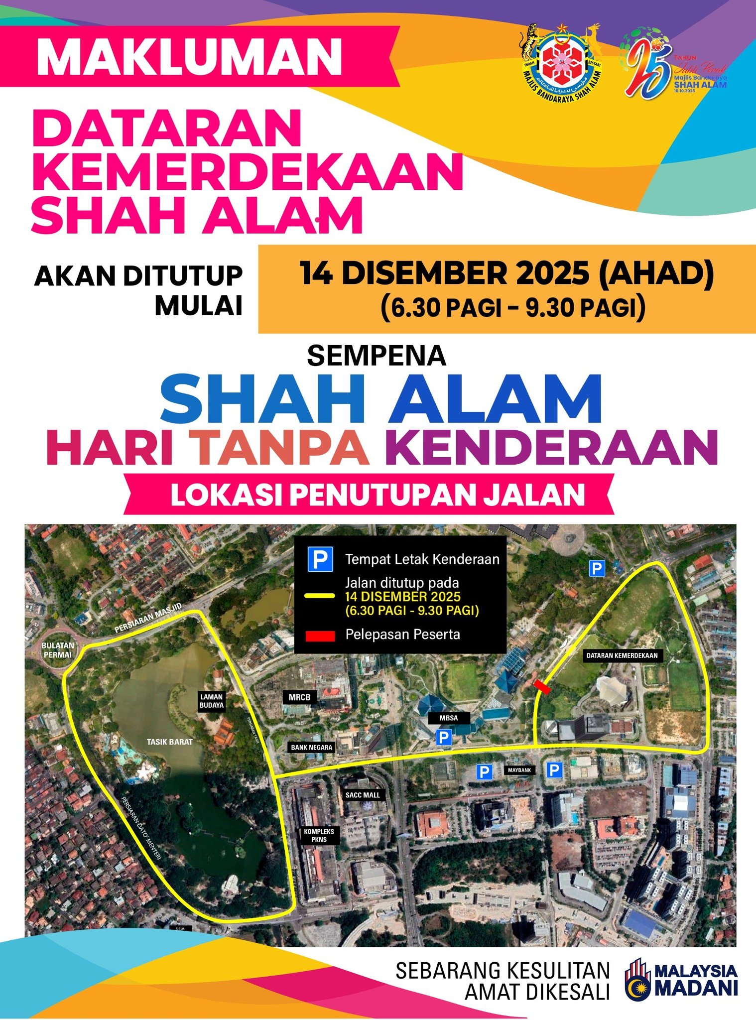 MBSA: Penutupan jalan sempena Shah Alam Hari Tanpa Kenderaan