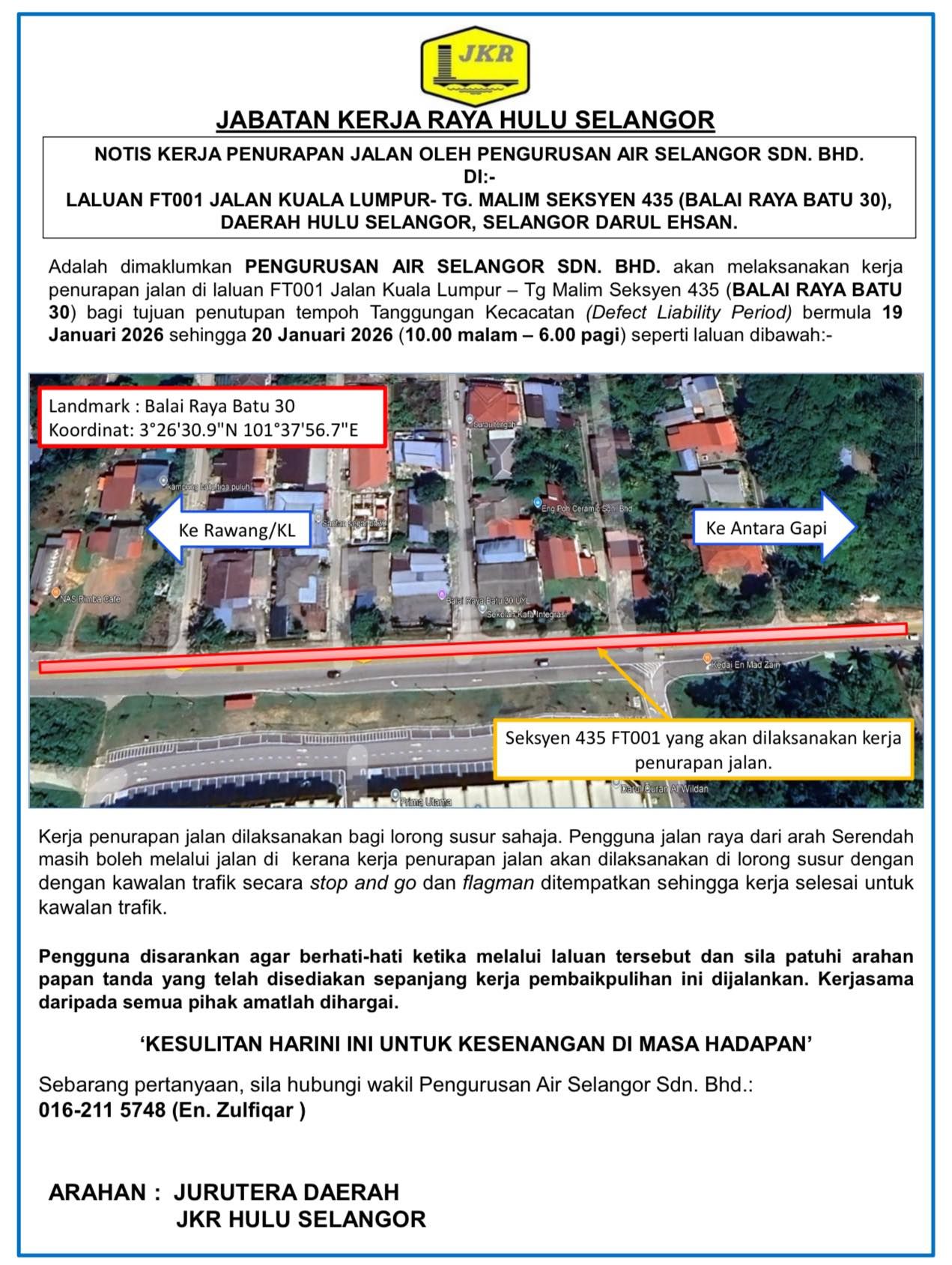 Kerja penurapan jalan FT001 Kuala Lumpur–Tanjung Malim bermula 19 Januari 