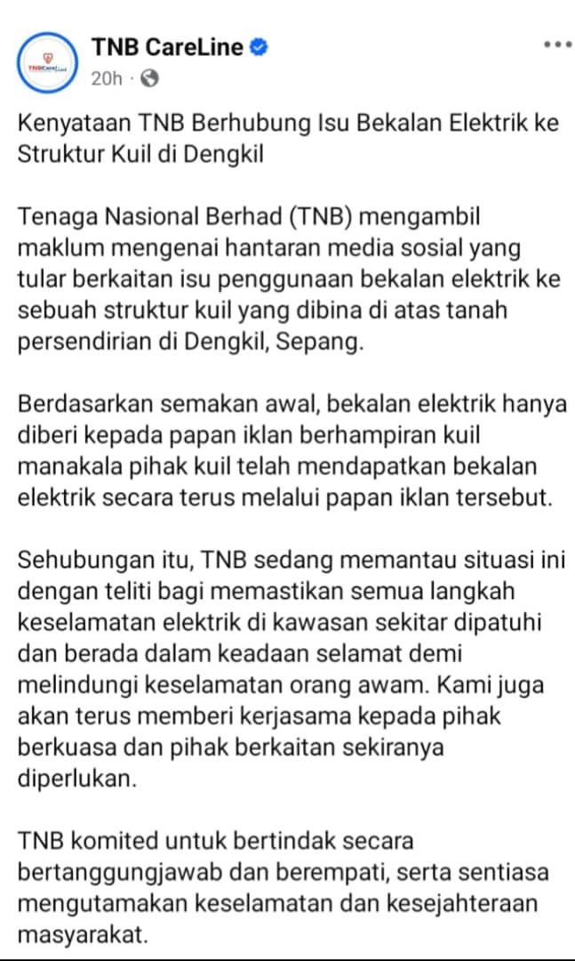 TNB sahkan kuil di Dengkil guna bekalan elektrik daripada papan iklan