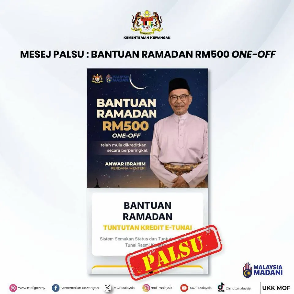 Poster tular palsu, tiada bantuan Ramadan, tuntutan kredit e-tunai dibuka 