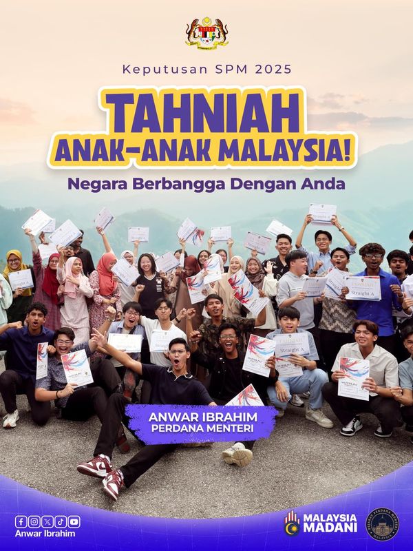 எஸ்.பி.எம் 2025 : சாதனை படைத்த மாணவர்களுக்குப் பிரதமர் பாராட்டு; தோல்வி கண்டு துவள வேண்டாம் என அறிவுரை