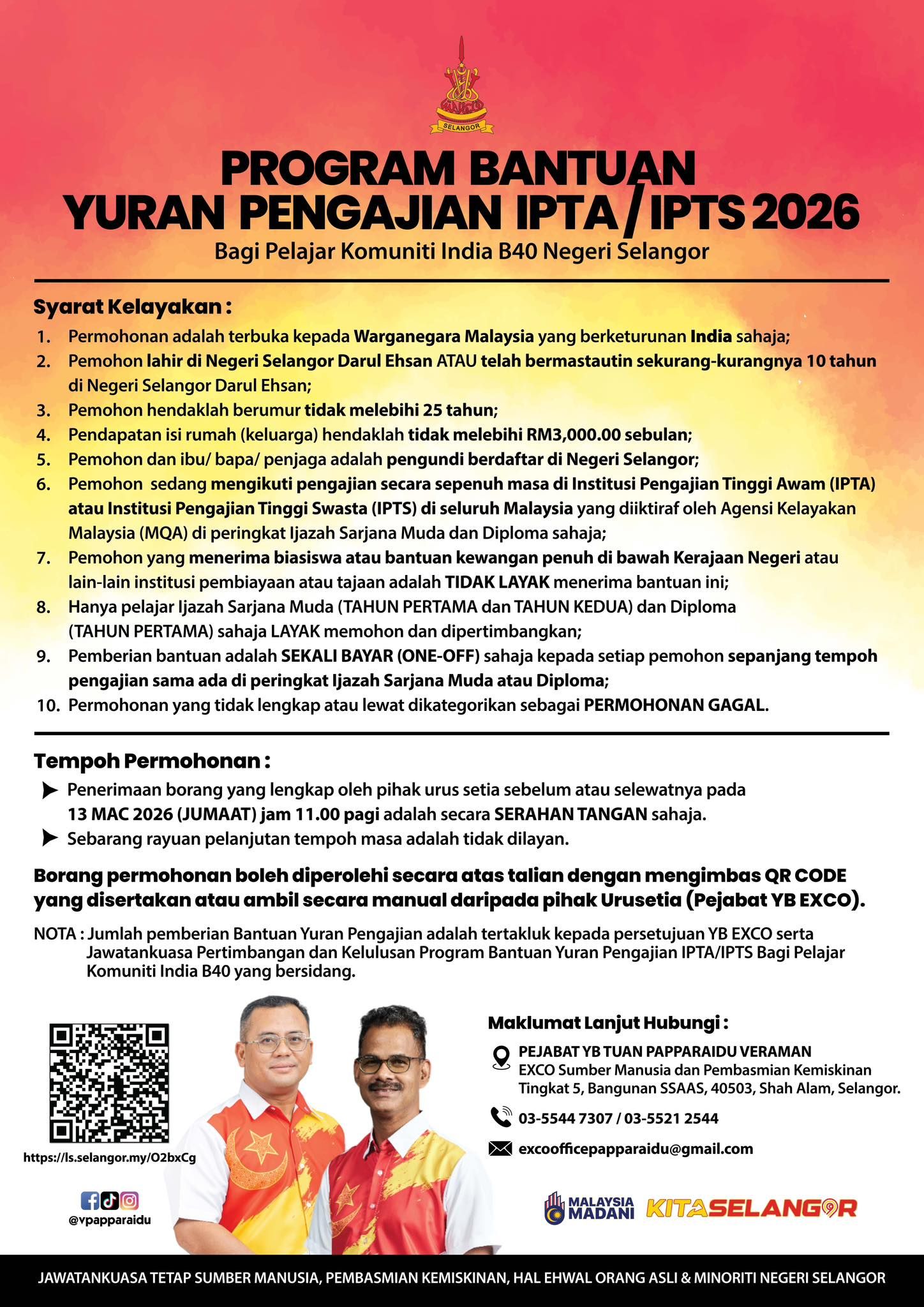 Bantuan yuran IPT 2026 dibuka, pelajar India B40 Selangor layak mohon
