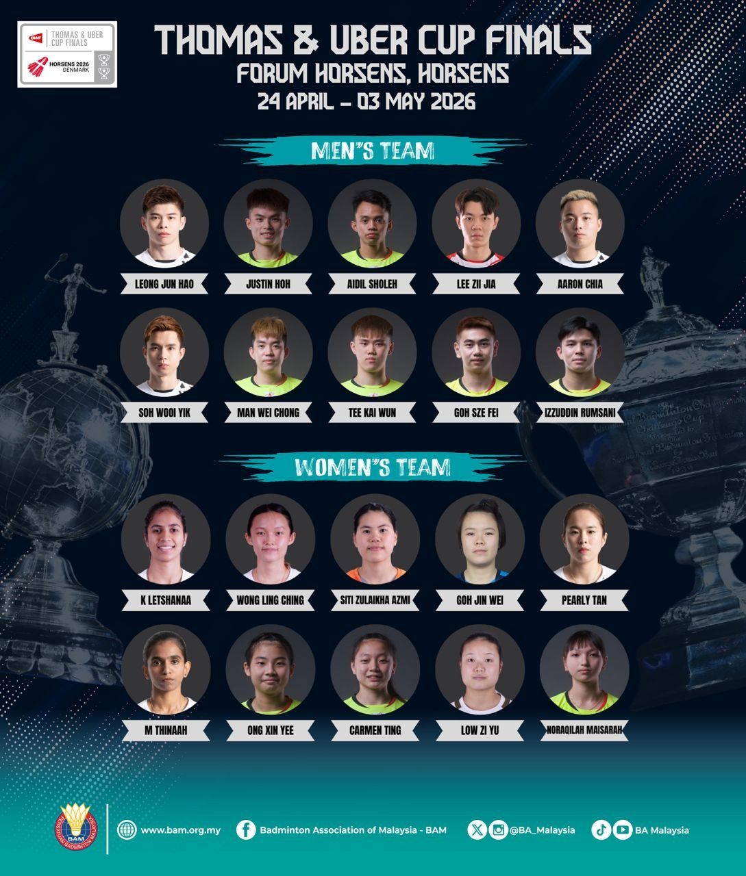 李梓嘉.谢苏.乐蒂等20人  入选大马汤尤杯名单