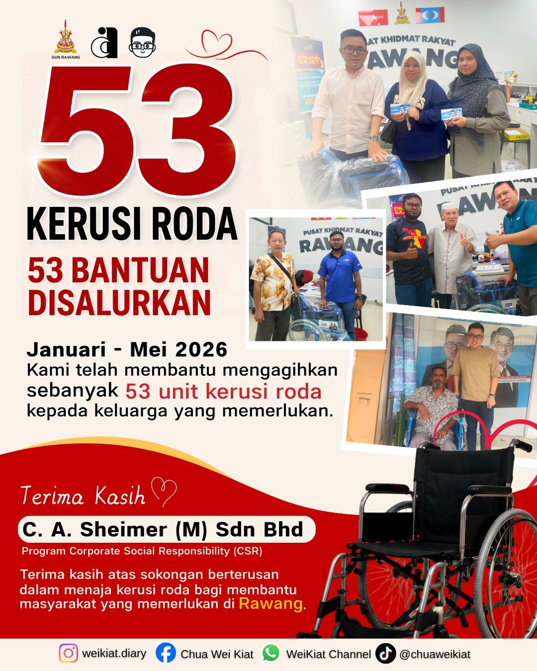 53 kerusi roda disumbangkan kepada penduduk memerlukan di Rawang