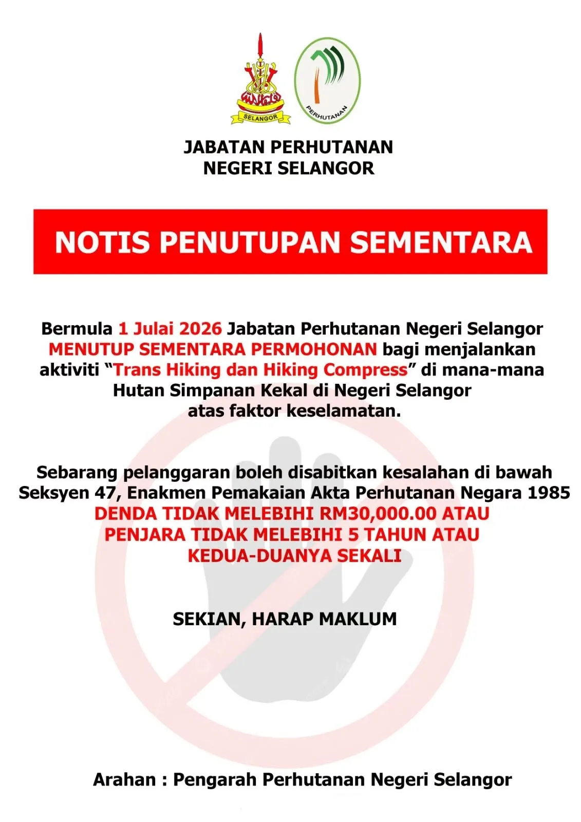 Selangor tutup sementara permohonan aktiviti 'trans hiking', 'hiking compress' mulai 1 Julai