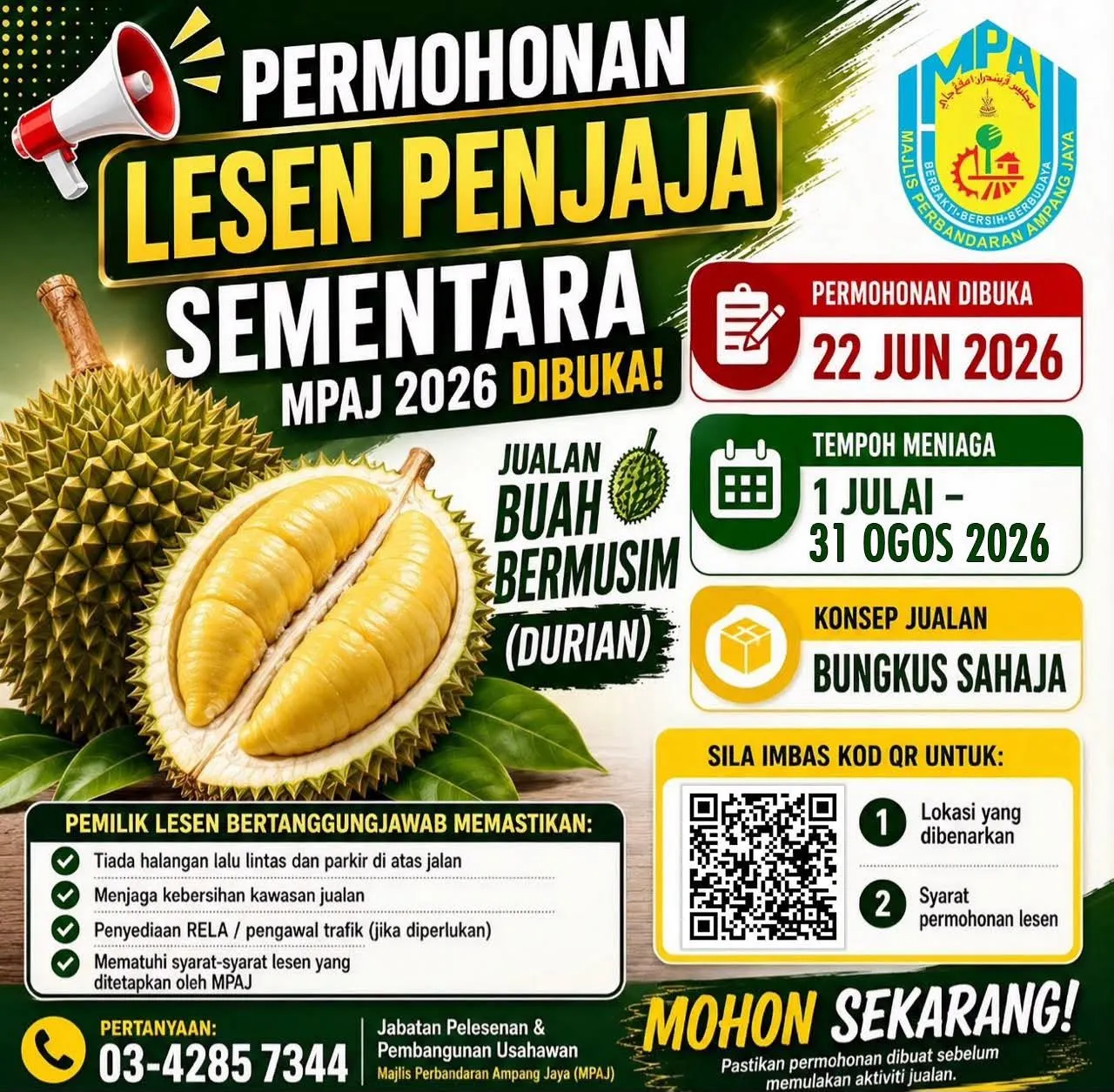 MPAJ tawar 55 petak jualan durian di 15 lokasi terpilih sempena musim buah