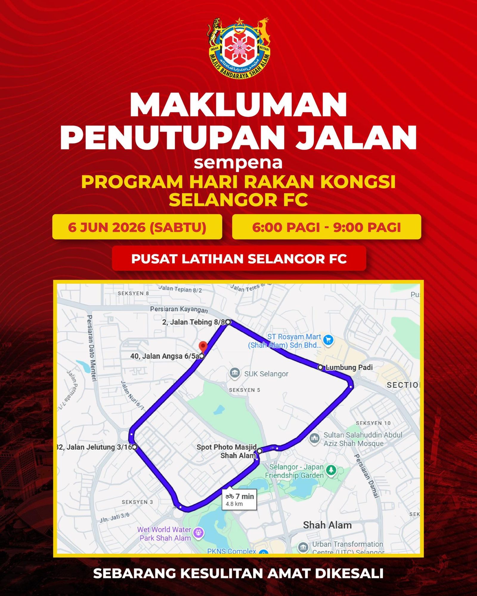 Laluan sekitar Pusat Latihan Selangor FC ditutup sementara esok - MBSA