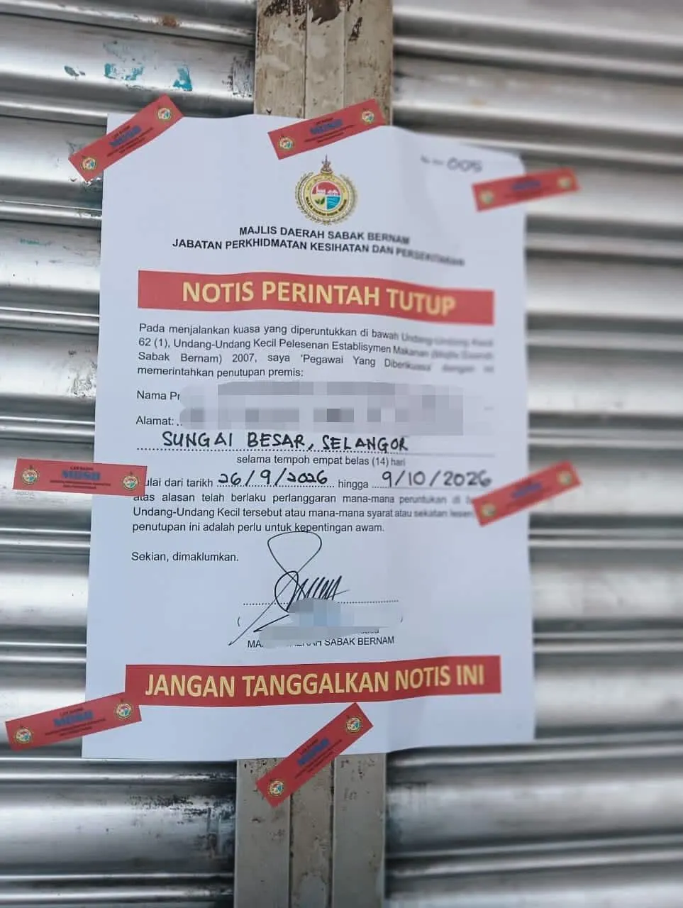 Operasi Bersih: Dua premis makanan di Sungai Besar ditutup