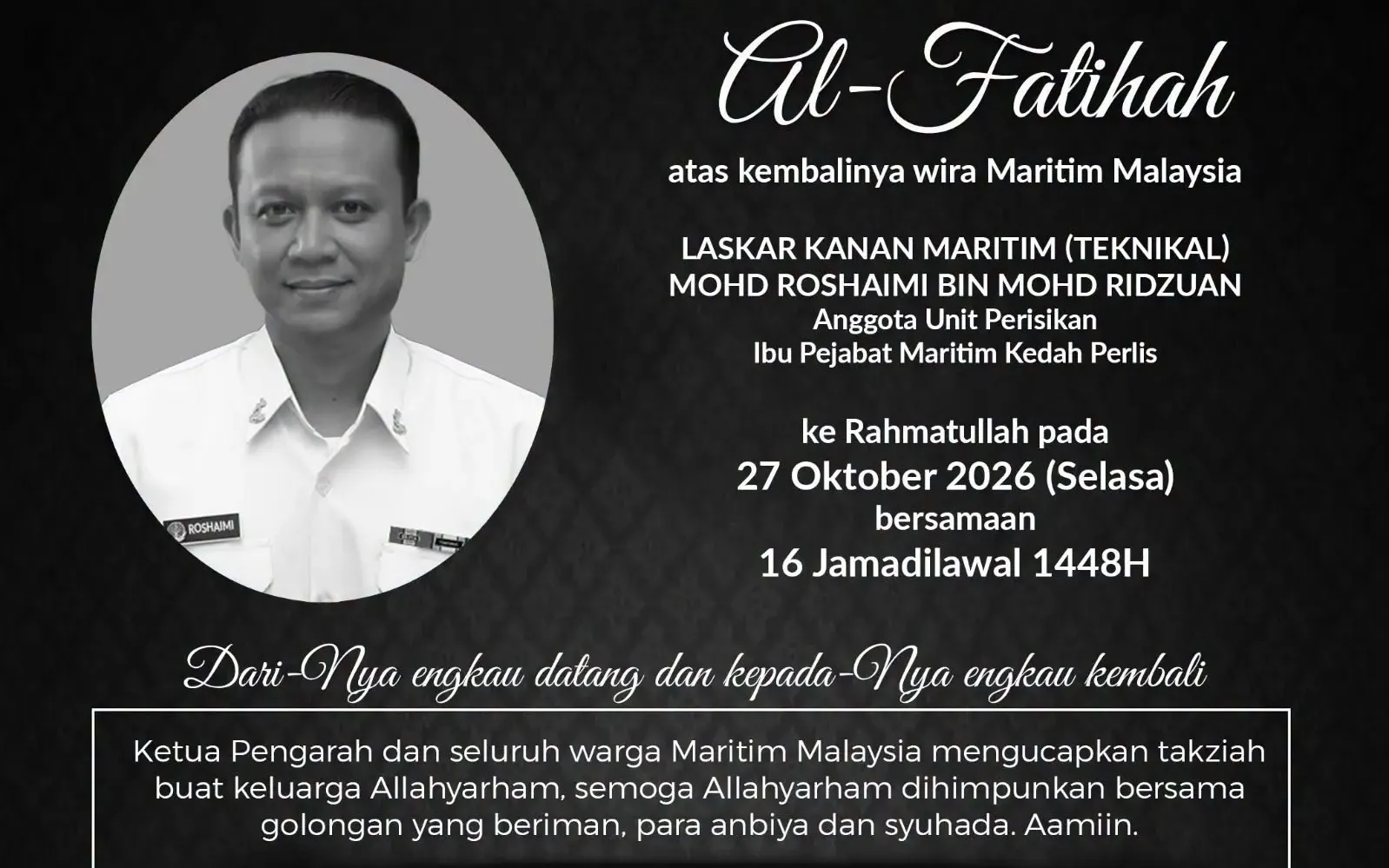 Anggota Maritim Malaysia maut, tiga cedera ketika operasi kawalan sempadan